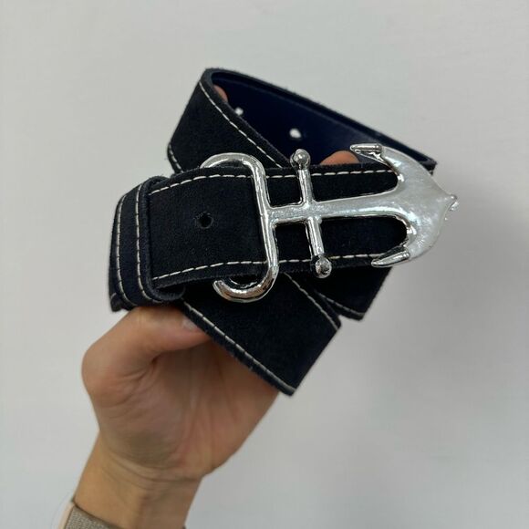 Vintage Blue Suede Leather Anchor Nautical Belt Silver Tine Buckle adjustable M - Picture 1 of 9